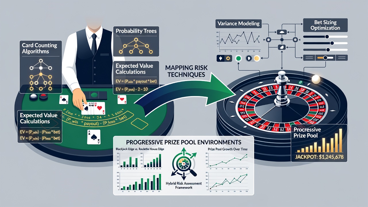 Chart comparing variance metrics and bankroll allocation adjustments when moving risk techniques between blackjack and progressive roulette